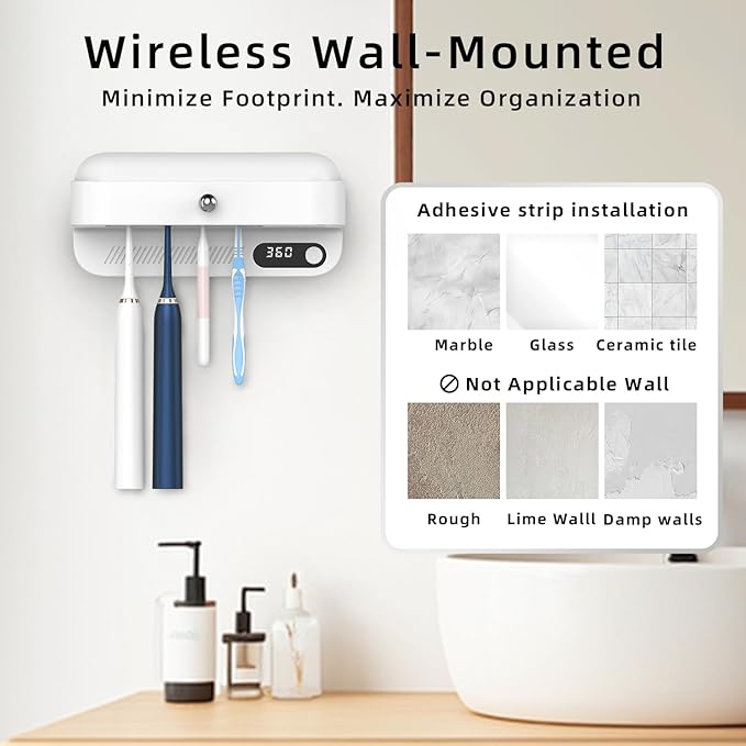 Wall Mounted Toothbrush Holder for Family Bathroom, Electric & Manual Toothbrush Organizer with Active Airflow Drying, Rechargeable, No-Drill Installation
