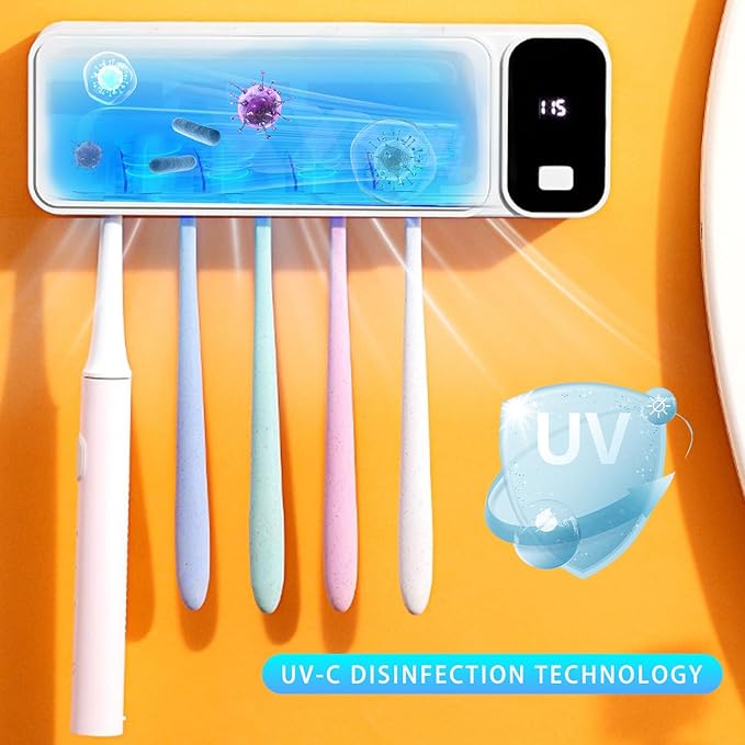 Sanitizeri Toothbrush Cleaner with 5 Slots, Rechargeable Wall Mounted Toothbrush Holders for Bathroom Family, No Drilling Smart Timer Function Auto Cleaning, Birthday Gift Pick
