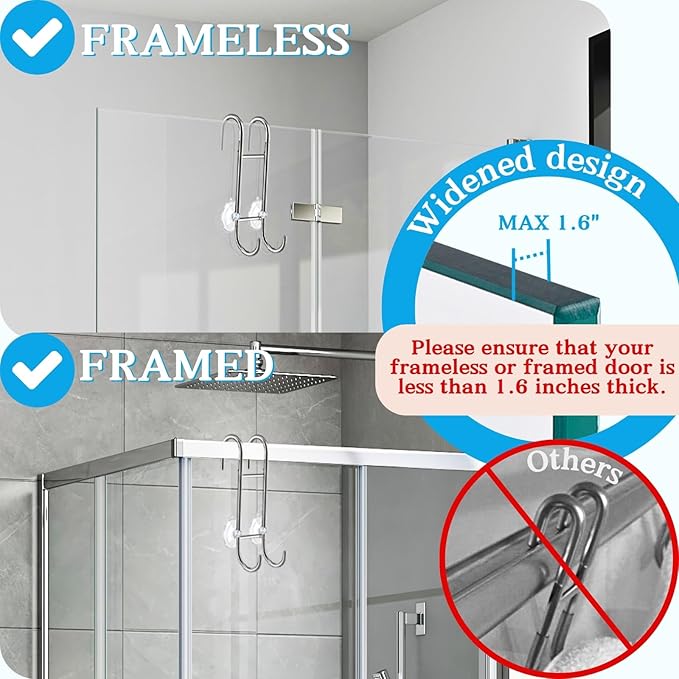 Shower Door Towel Hooks (2-Pack), 9"~13" Length Adjustable Hook for Framed & Frameless Over The Door Glass, Squeegee Holder, Towels Hanger for Bath Suits Rozer Robes Loofahs Shavers, Silver