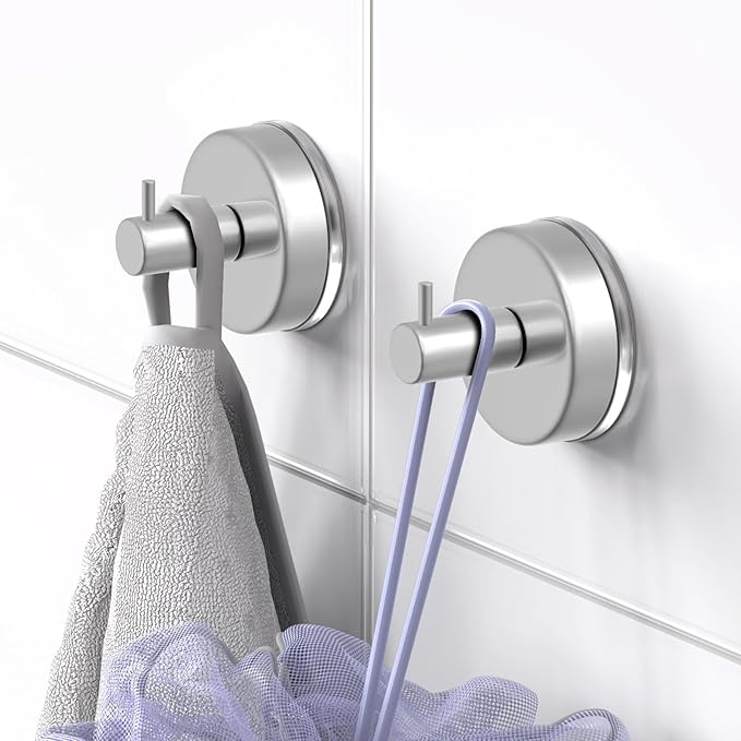 HUFEEOH Suction Cup Hooks for Shower, 4 Pack Removable Towel Holder Wall Hooks for Inside Shower, No Drill Towel Hooks for Bathroom Hanger Wall Mount (Silver)