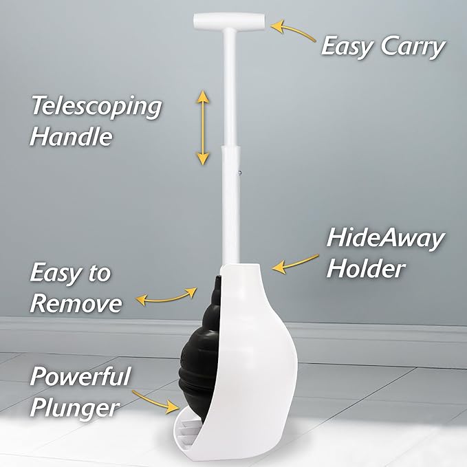 Korky BeehiveMAX Hideaway - Heavy Duty Toilet Plunger with Holder - Drip Free Carry - Seals All Bowl Shapes – Powerful Clog Removal, 97-5