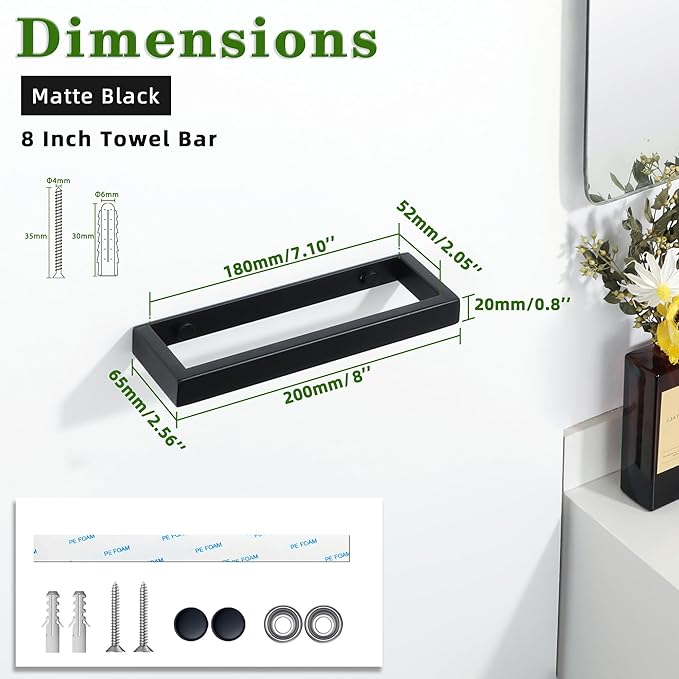 Alise Bath Towel Bar,Wall Mount Towel Holder Towel Rack Towel Hanger for Bathroom Lavatory,8 Inch SUS304 Stainless Steel Towel Rail,Matte Black 【2-Pack】