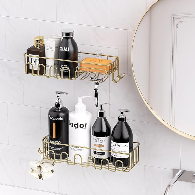 Adhesive Shower Caddy: 2 Bonus Hooks, 4-Pack Wall Mounted Bathroom Storage Shelf, Rustproof Metal Basket Organizer for Kitchen & Bathroom Drill Free Gold