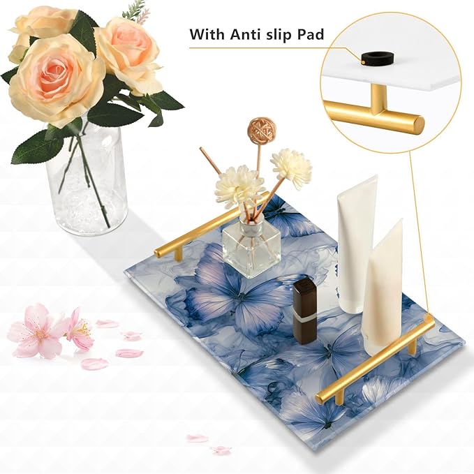 Blue Marble Butterfly Tie Dye Vanity Tray Acrylic Bathroom Countertop Tray Marbling Decorative for Kitchen Desk Organizer Makeup Storage Tray