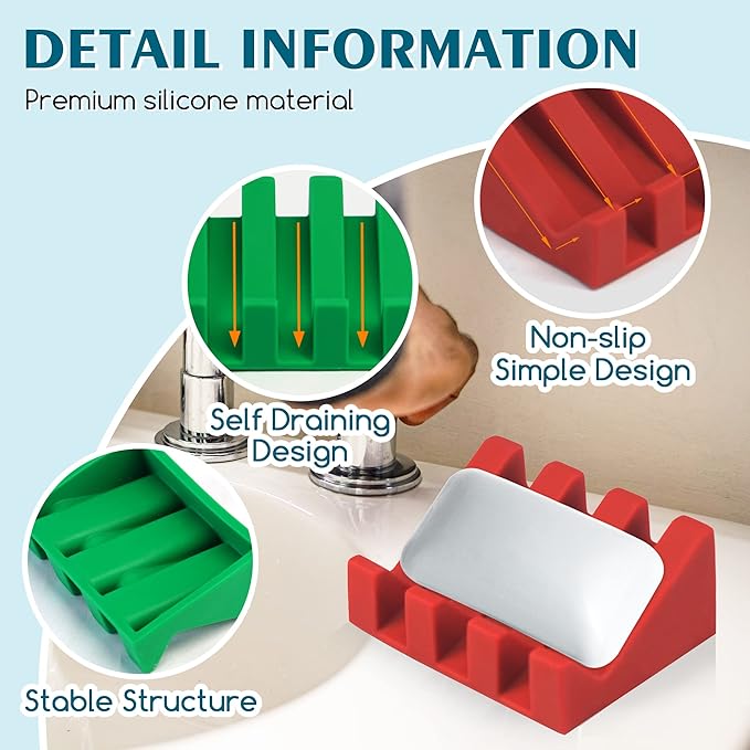 Silicone Soap Dish for Bar Soap Holder for Shower Bathroom Self Draining Waterfall Drying Tray Keep Soap Bars Dry Clean & Easy Cleaning (Christmas Red Green, 2)