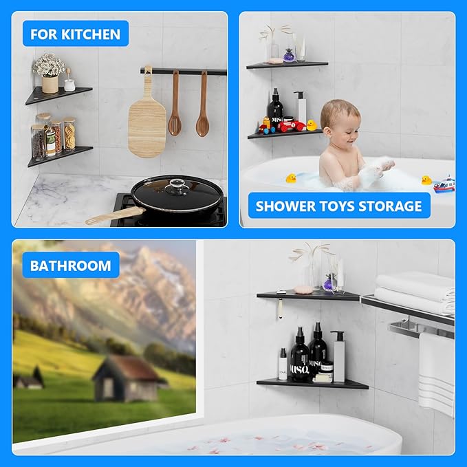 10" Corner Shower Shelf, 304 Stainless Steel Shower Caddy with Razor Hole, Shower Shelf for Inside Shower, Modern Sturdy Shelves for Tile Walls, Bathroom Shelves (Black)
