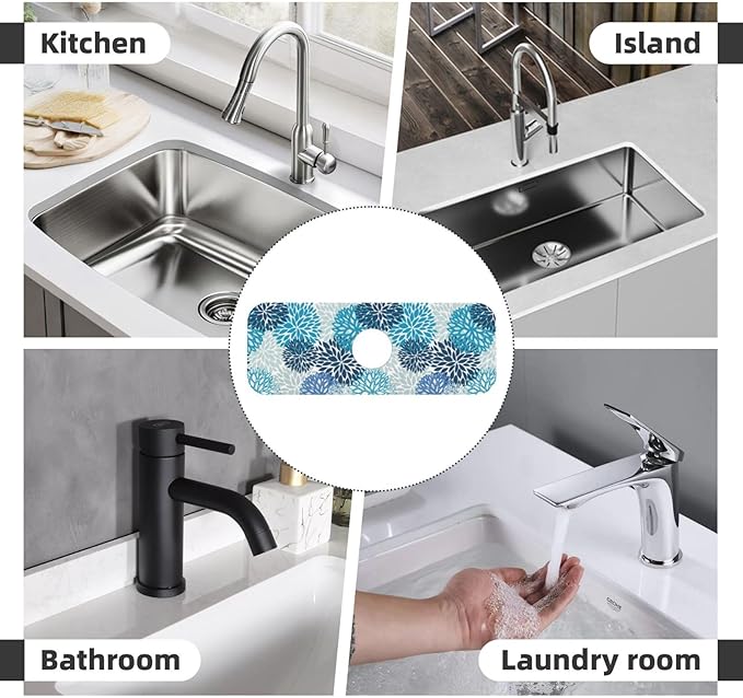Medallion Dahlia Pinnata Floral Bobo Blue Pink Turquoise Grey Kitchen Sink Splash Guard Faucet Mat 1 Pcs, Absorbent Fast Drying Mat Gadgets Splash Guard For Bathroom 15 X 5.5 Inches