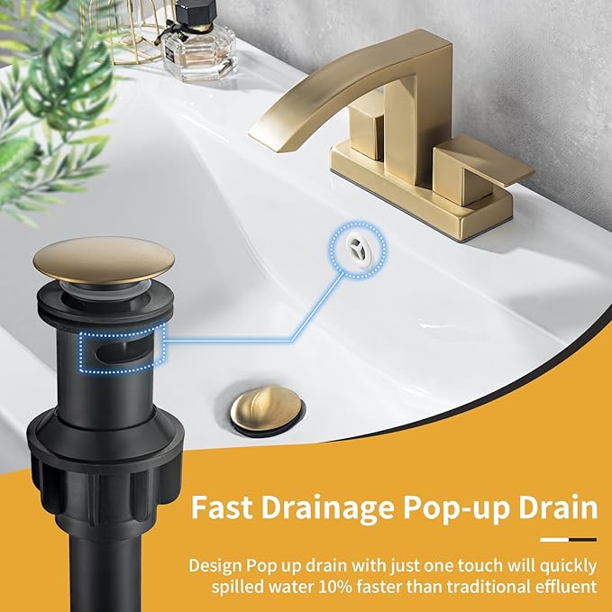 4 Inch Centerset Bathroom Faucet, 2-Handle Waterfall Sink Faucet 3 Hole, Brushed Gold Vanity Faucet with Pop Up Drain & cUPC Supply Hoses,Waterfall Bathroom Faucet for Lavatory