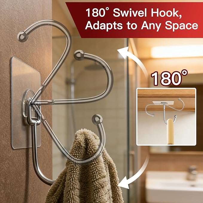 Large Adhesive Hooks 8-Pack, Heavy Duty 44lb(Max) Wall Hooks for Bathroom, Outdoor, Strong Self-Adhesive Towel & Coat Hooks, Waterproof Transparent Utility Hooks for Home Improvement