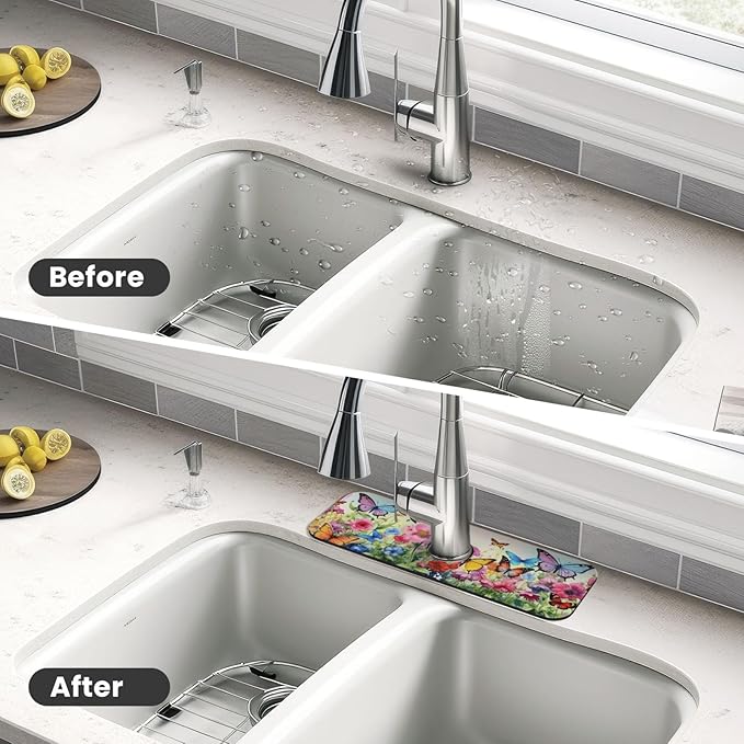 Butterfly Floral Garden 15" X 5.5" Kitchen Sink Splash Guard, Faucet Guard Draining Mat, Faucet Suction Pad For Kitchen Bathroom