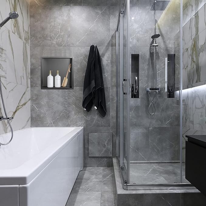 12"×12" Shower Niche Brushed Stainless Steel, Recessed Shower Caddy, Bathroom Shelf Insert Fits for 11"x11" Wall Hole Installation (Light Black)
