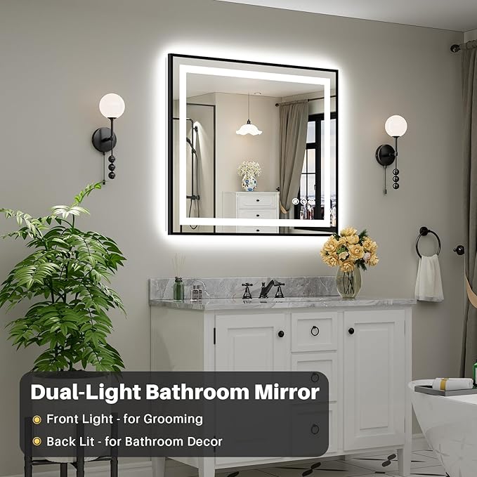 40x36 Inch LED Bathroom Mirror with Black Frame, Backlit & Front Lit, Anti-Fog Lighted Bathroom Vanity Mirror for Wall, Memory Function, Dimmable, HD Tempered Glass, Shatter-Proof