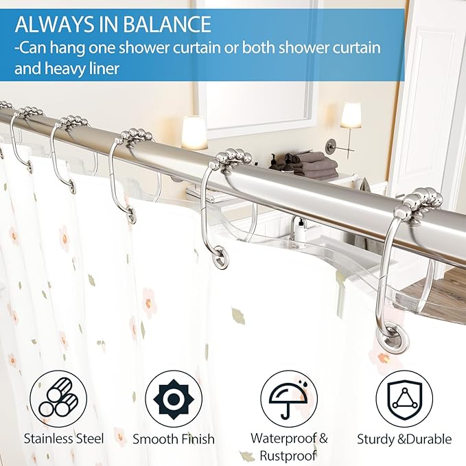12PCS Wide Shower Curtain Hooks Rings, Rust Proof Stainless Steel, Heavy Duty Shower Hooks Rings for Bathroom Shower Rods Curtains Liners, Easy Glide Rollers, Set of 12,Chrome