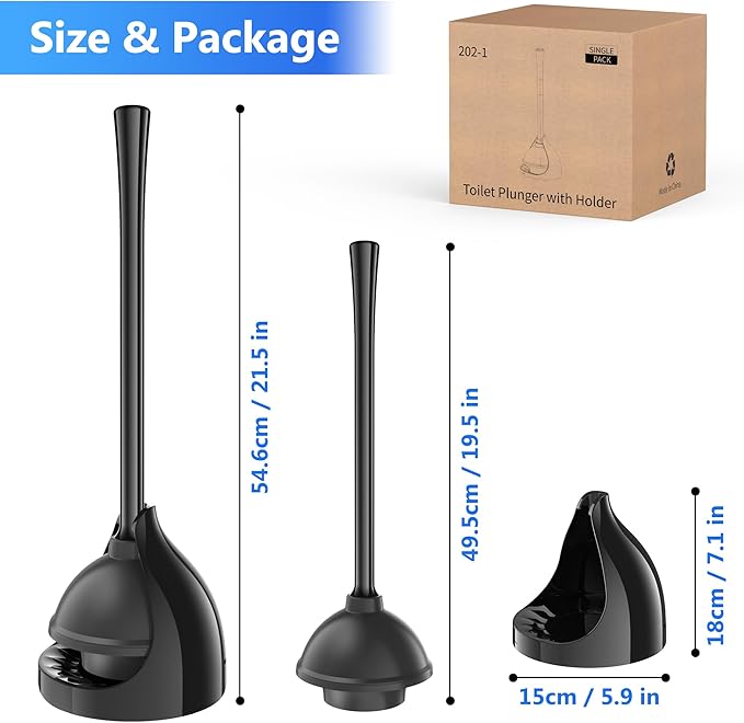 Toilet Plunger with Holder, Plunger with Unique Holder for 5.7-inch Toilet Drain, Plungers for Bathroom with Holder, Toilet Plunger Heavy Duty (1, Black)