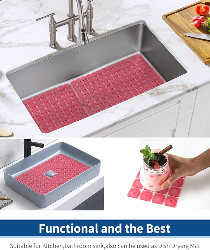 Bligli PVC Sink Protectors, 2 Pack, 15.7x11.8 inches for Stainless/Ceramic Sinks, Drain Mats, Red