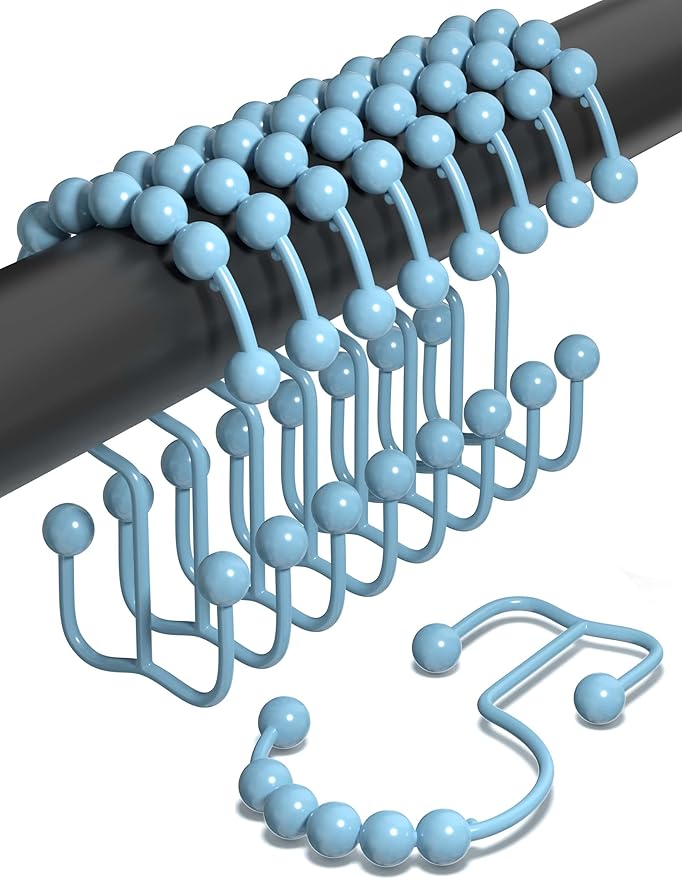 Shower Curtain Hooks Rust Proof (Set of 12) - Stainless Steel Shower Curtain Rings - Anti Slip Roller Balls for Easy Glide (Double Anchor Hooks, Sky Blue)
