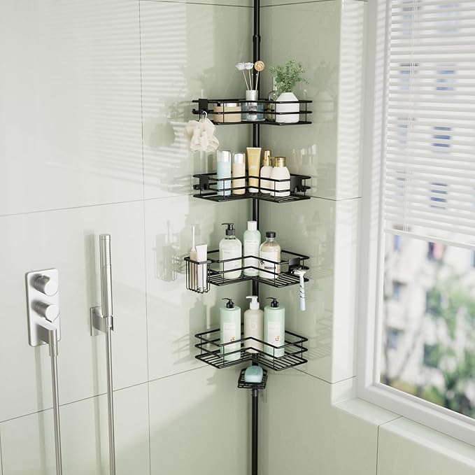 HapiRm Corner Shower Caddy Organizer - Shower Organizer Corner with Soap Holder, Toothbrush Holder and 4 Hooks, Rustproof Bathroom Shelf Tension Pole Available for 27.6 to 108.3 Inch - Black