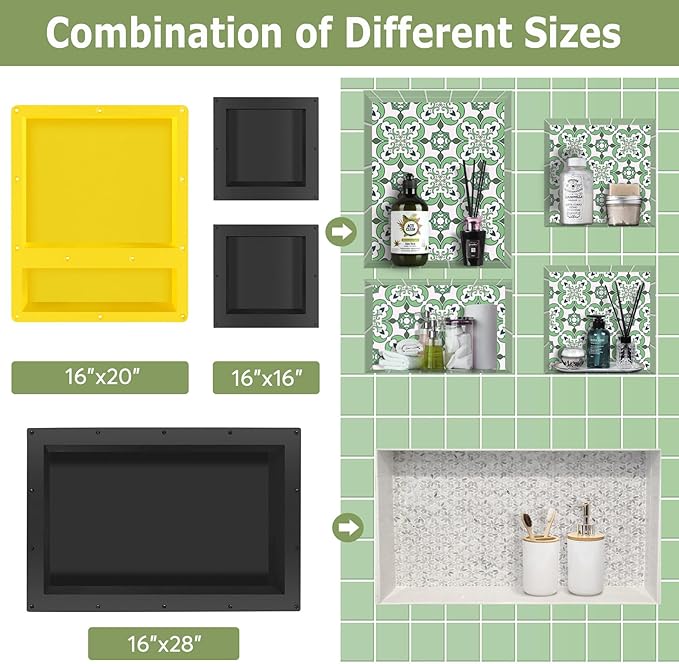 Suteck 16" x 20" Shower Niche Double Shelf -Yellow Rectangle Niche Cube, Ready for Tile Recessed Niches for Bathroom, Niche Shower Storage