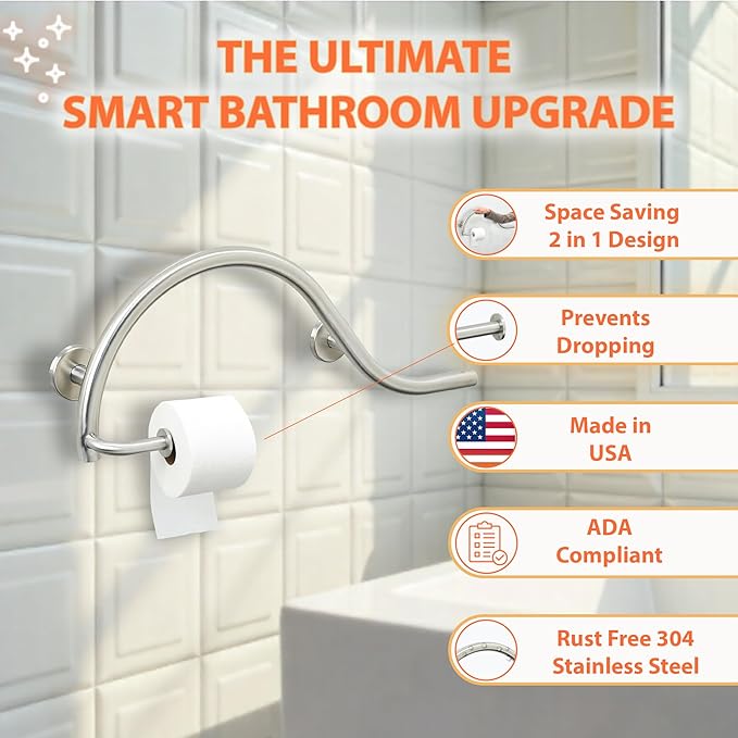 Bathroom Grab Bar & Toilet Paper Holder - Stand Assist for Adults Elderly Handicap / 304 Stainless Steel / Left / Brushed Finish / 30" x 11"