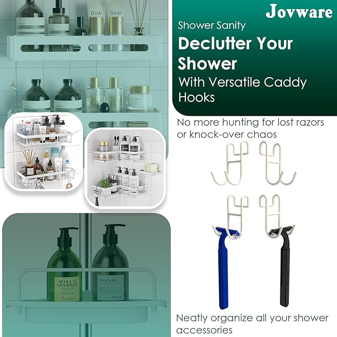 White Shower Caddy Hooks - Razor Hanger and Holder, Shelf Hooks for Loofah - 4 Pack