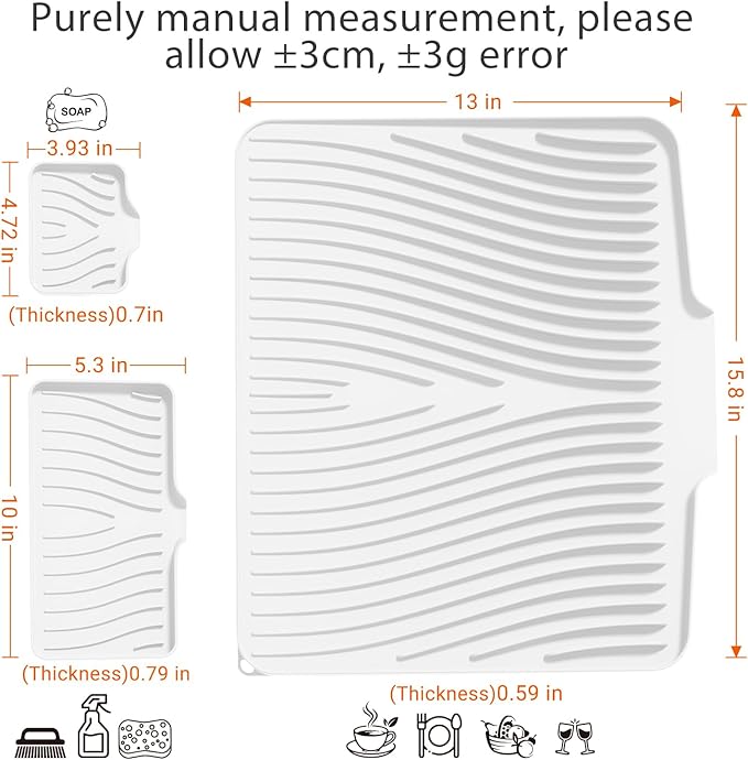 Silicone Dish Drying Mat for Kitchen Counter, Dish Drying Pad, Non-Slip Drain Pad with Built-in Drain, Heat Resistant Stone Drying Mat, Ivory-1Set