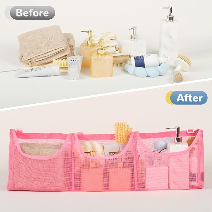 Bath Toy Storage, Large Capacity Bath Toy Holder, Opening 3 Compartments Bathtub Toy Storage, Quick Dry Bath Toy Organizer, Mesh Shower Caddy for Easy Access & Sorting Toys - Pink