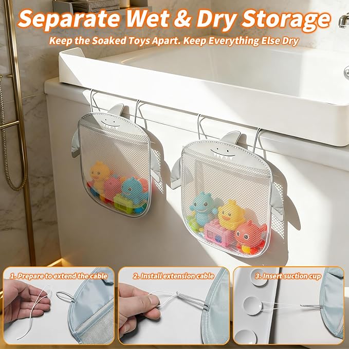 Extra-Long 31.5 Inch Bathtub Splash Guard for Kids,2 Storage Pockets Large Capacity Bath Toy Caddy Holder,Silicone Water Shield Prevent Bathroom Spills