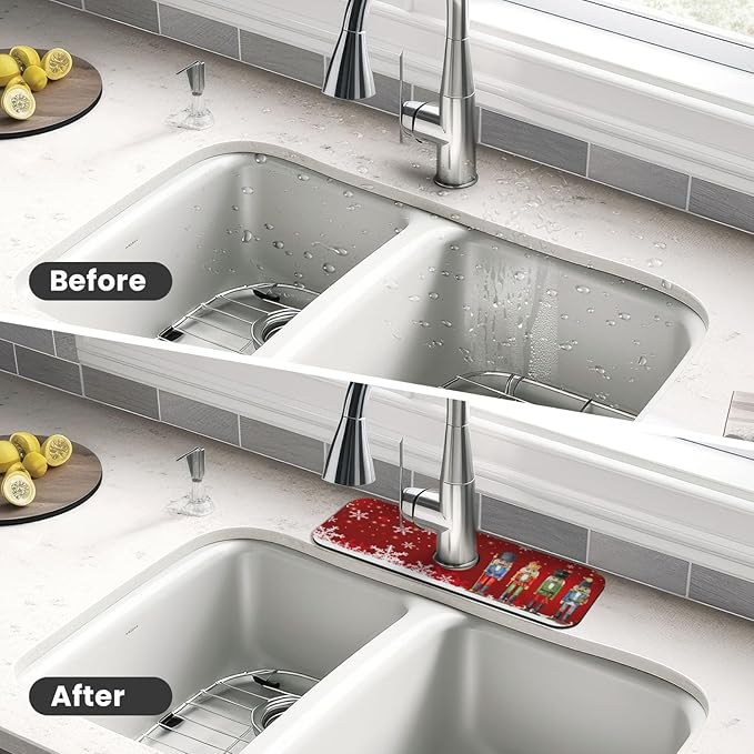 Christmas Snowflake Nutcracker Red 15" X 5.5" Kitchen Sink Splash Guard Faucet Faucet Guard Draining Mat Sink Splash Guard Faucet Kitchen Bathroom