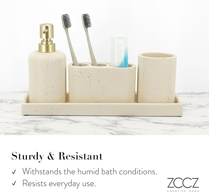 ZCCZ -Beige Bathroom Accessories Set 4 Pcs - Toothbrush Holder, Soap Dispenser, Vanity Tray, Bathroom Tumbler - Countertop Vanity Organizer - Bathroom Accessory Set- Toothbrush Holder Set, Stone Sets