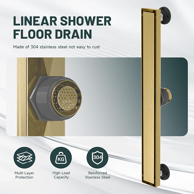 24-Inch Linear Shower Floor Drain, Stainless Steel Bathroom Floor Drains, Rectangular Shower Trench Floor Drain, Hair Strainer, Brushed Gold
