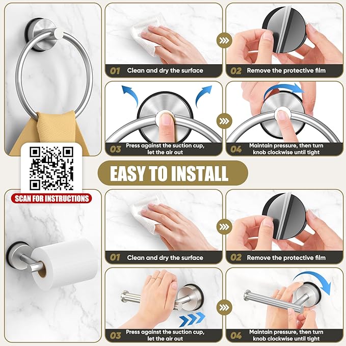 BKV Suction Cup Towel Ring,Hand Towel Holder for Bathroom,Stainless Steel Heavy Duty Round Towel Hanger for Bath,Kitchen-Brushed Nickel Silver