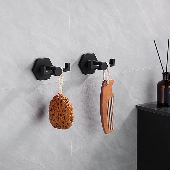 GERZWY Matte Black Coat/Robe Clothes Hook for Bath Kitchen Modern Hotel Style, Stainless Steel Bathroom Double Towel Hook Wall Mounted 2 Pack