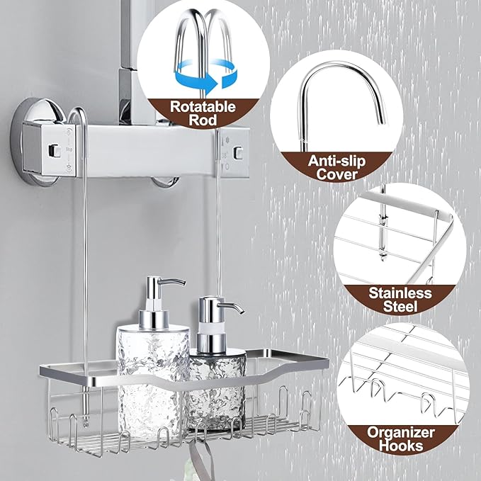 Hanging Shower Organizer, No Drilling Showers Caddy Hanging Stainless Steel Shower Rack with Hooks Showers Caddy Rustproof Over the Door for Bathroom Towels Sponge