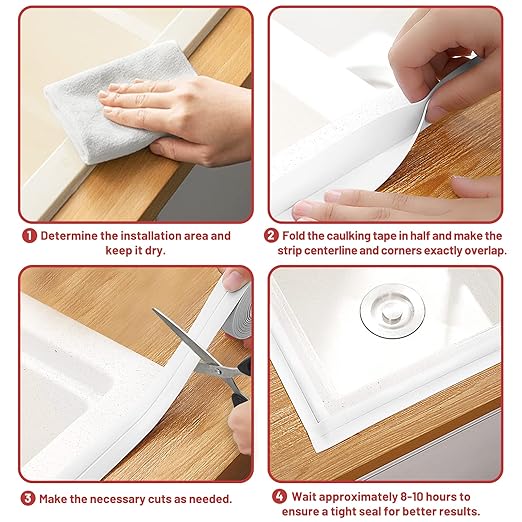 Caulk Tape, 2 Roll Self Adhesive Caulk Strip Waterproof, Caulking Sealant Tape for Kitchen, Countertop, Bathroom, Sink, Shower, Bathtub, Toilet Edge Protector with Sealing Tool (1.5" x 10.5Ft)