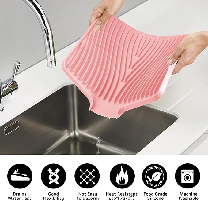 Silicone Dish Drying Mat, Stone Drying Mat for Kitchen Counter with Built-in Drain, Non-Slip 16" X 12" Drying Matt Kitchen Counter and Grey Microfiber Cleaning Cloth, Cleaning Rags Set(Pink)
