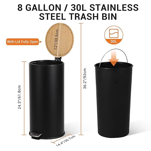 GarveeHome 8 Gallon Step Trash Can with Soft-Close Bamboo Lid, Stainless Steel Garbage Can with Removable Inner Bucket, 30L Round Trash Bin, Perfect for Kitchen, Bathroom, Living Room, Black