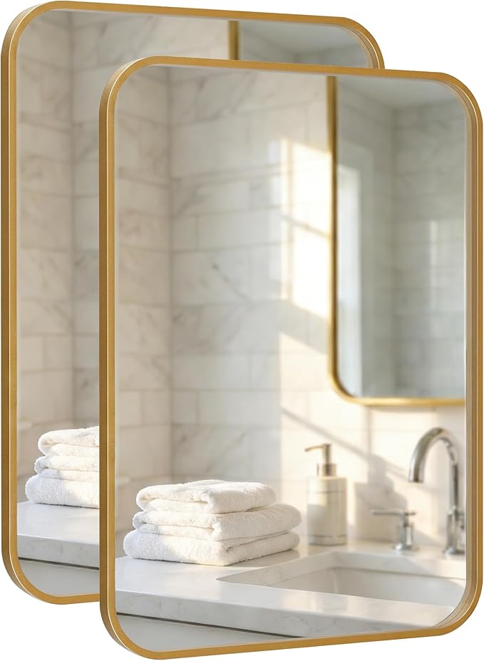 2 Pack Bathroom Mirrors for Over Sink, 22"x30" Gold Framed Vanity Mirror, Rounded Corner Rectangular Metal Mirror for Wall, Mid Century Modern Decor