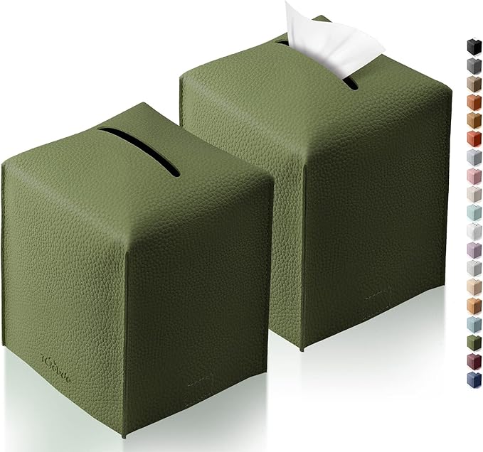 Tissue Box Cover for PU Leather, Modern Simple Solid Color Holder Square Tissue Bag, Ideal for Bathrooms,Office,Car,Nightstand,Outdoor Tent,Dining Table,5"X5"X5", Double Green