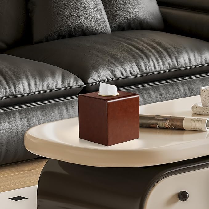 Square Tissue Box Cover, Luxury PU Leather Tissue Holder with Magnetic Closure (Brown)