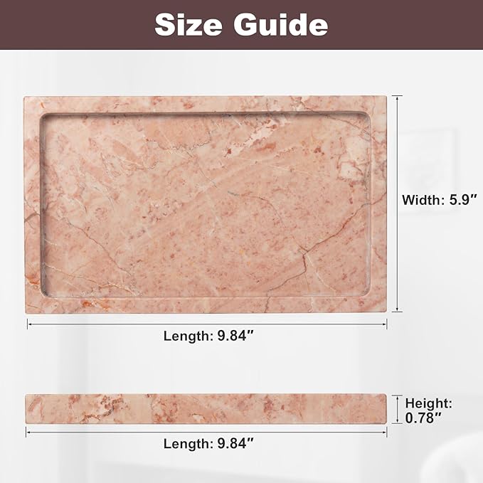 Natural Marble Rectangular Tray 10x6 Inch - Cream Rose Vanity Organizer for Bathroom, Coffee Table & Kitchen - Weighted Base