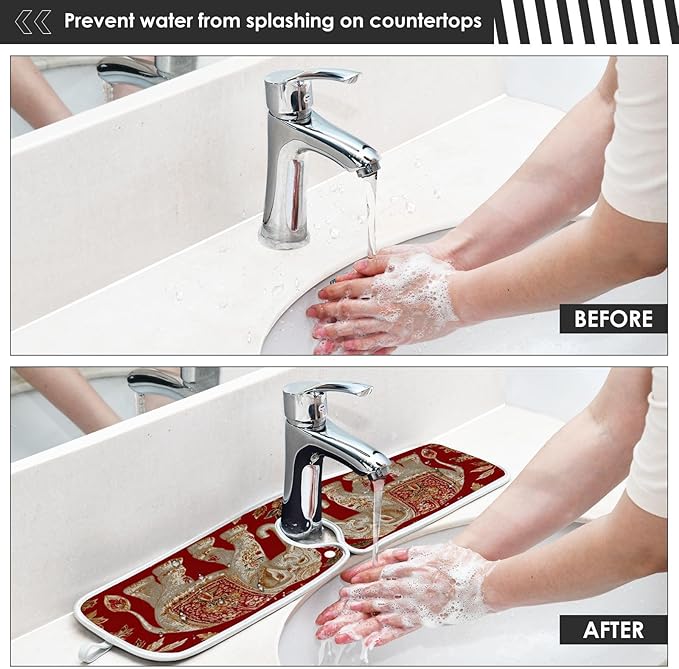 2 PCS Kitchen Sink Splash Guard 23.6 Inch Faucet Mat for Kitchen Sink Bathroom Sink Faucet Absorbing Drip Drain Mat Pad Microfiber Soft Washable Retro Red Elephant Flowers