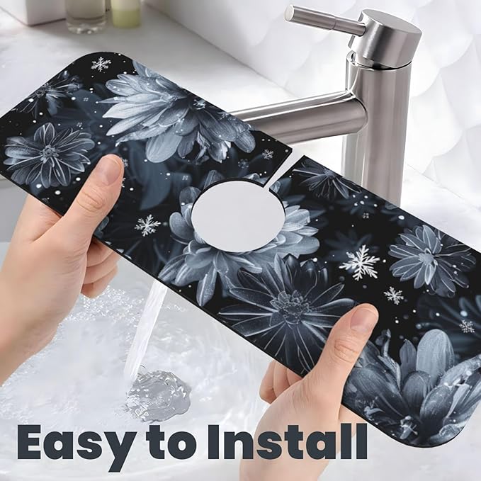 Faucet Draining Mat For Kitchen Sink, Stylized Gray Chrysanthemum Flowers Diatom Mud Absorbent Drain Pad For Bathroom Kitchen Sink Splash Guard Drying Mat