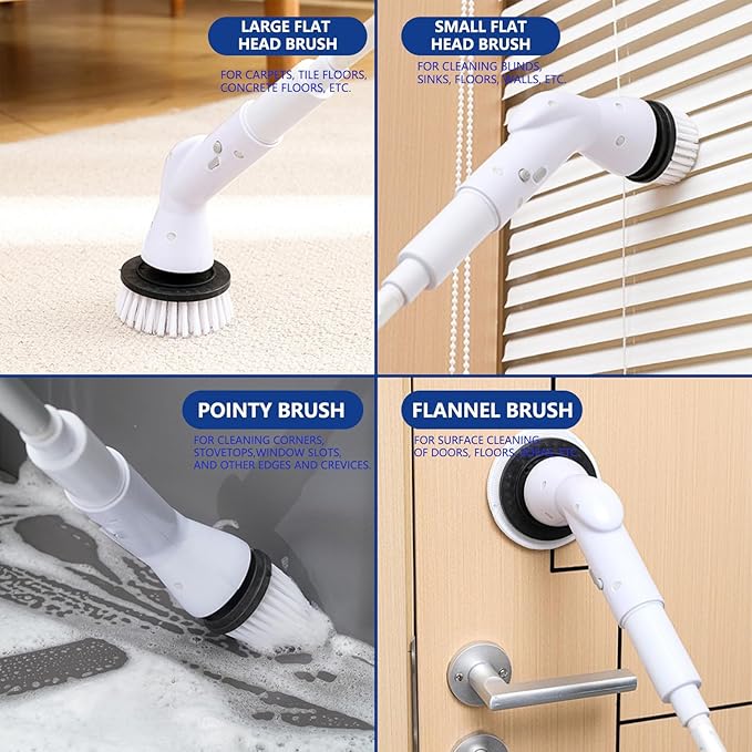 Electric Scrubbers with 5 Replaceable Brush Heads Retractable Handle USB Recharge Handheld Portable Electric Cleaning Scrubbers for Window, Floor, Tile, Toilet, Bathtub