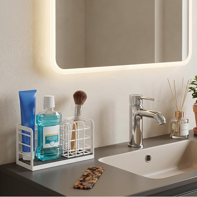 Toothbrush Holders, Bathroom Organizers and Storage with Instant Drying Stone, 6 Slots Bathroom Accessories with Adjustable Toothpaste Holders, Bathroom Counter Organizer, White