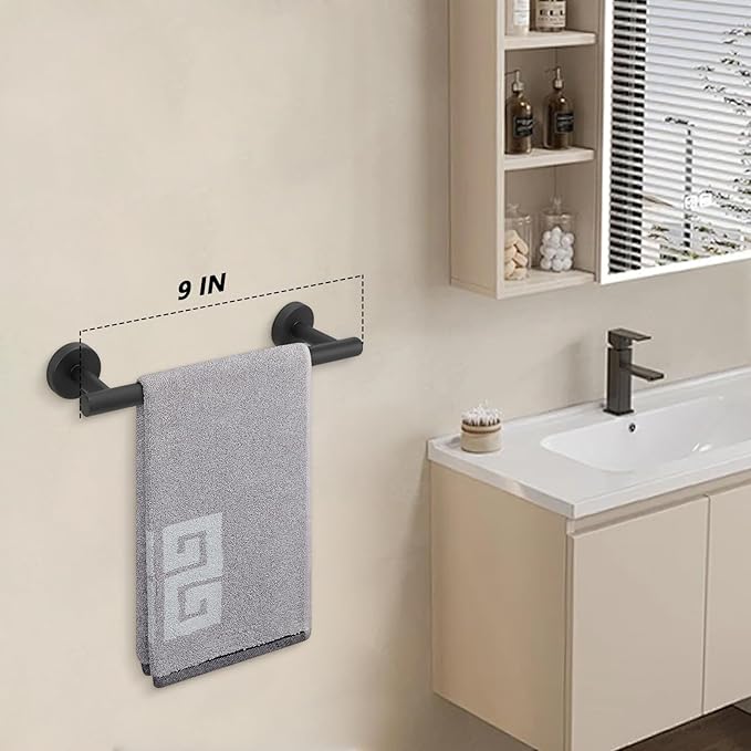 NearMoon Bath Towel Bar, Thicken Stainless Steel Shower Towel Rack Holder Wall Mounted for Bathroom, 9-lnch Overall Length-7-lnch Usable Hanging Space (1 Pack, Matte Black)