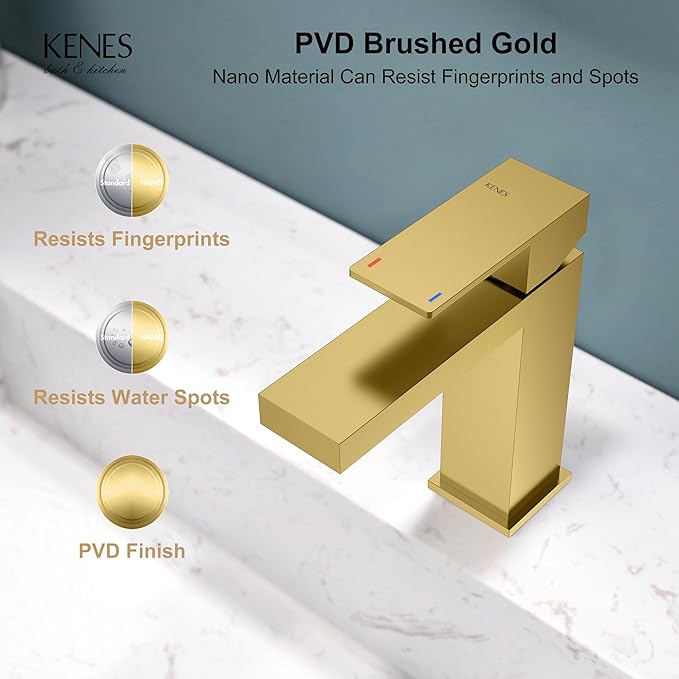 KENES Brushed Gold Bathroom Faucets, Modern Single Hole Lavatory Vanity Faucet, Single Handle Bathroom Sink Faucet Gold, with Pop Up Drain & Water Supply Hoses LJ-9031-4