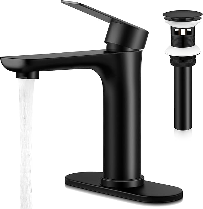 Homikit Matte Black Bathroom Faucet for 1 Hole or 3 Holes, 18/10 Stainless Steel Single Handle Bathroom Sink Faucets for RV Vanity Basin Lavatory Bath with Pop Up Drain & 2 Supply Hoses