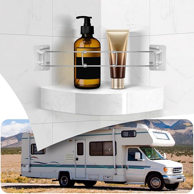 BOYISEN RV Shower Corner Storage Bar, 7-13 Inch Adjustable Stainless Steel Corner Rod for RV Bathroom Shower Shelves, Camper & Travel Trailer Storage & Organization Must Haves Accessories (1 Pack)