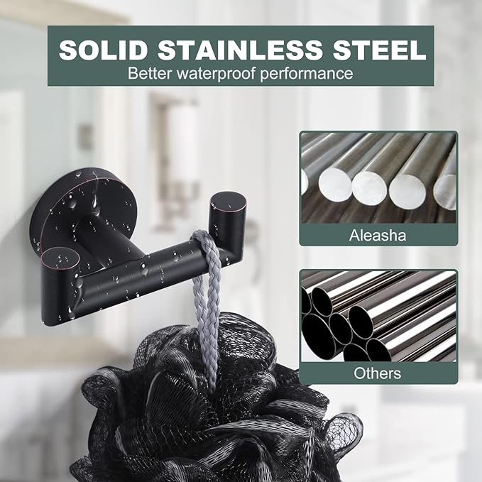ALEASHA Shower Towel Hook for Bathroom, Oil Rubbed Bronze Towel Holder, Stainless Steel Towel Hanger, Heavy Duty Double Towel Hook, Wall Mount Robe Hook