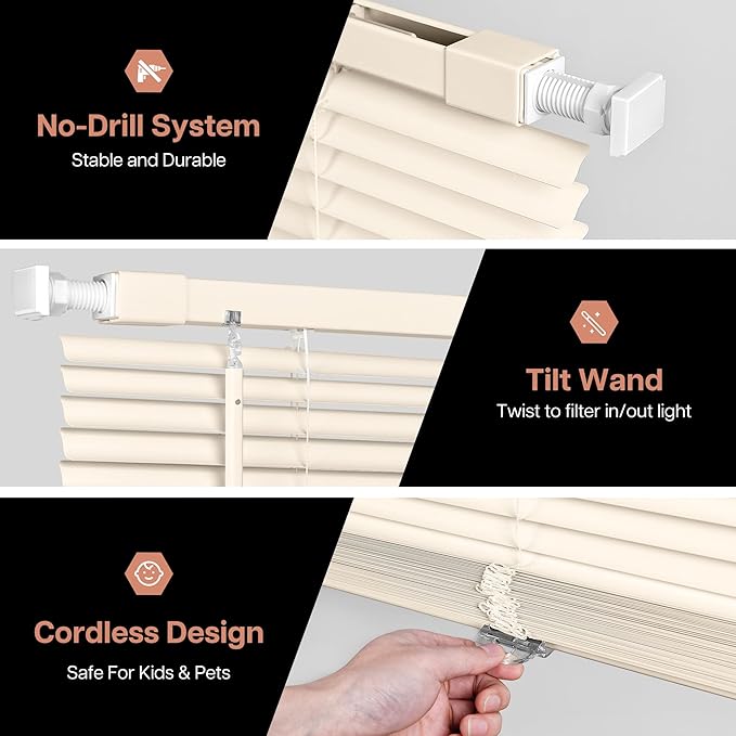 LazBlinds No Tools No Drill Cordless 1" Vinyl Mini Blinds, 100% Privacy S-Curve Blinds for Indoor Windows, Room Darkening Horizontal Window Blinds and Shades for Home, 25" W x 48" H, Beige